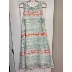 Cloth & Portrait Women XL Eyelet Lace Tie Dye Sleeveless A-Line Dress Mint Coral